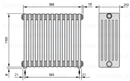 Схема (чертеж) Радиатор Zehnder Charleston 6110/13 №5310 Белый глянцевый RAL 9016
